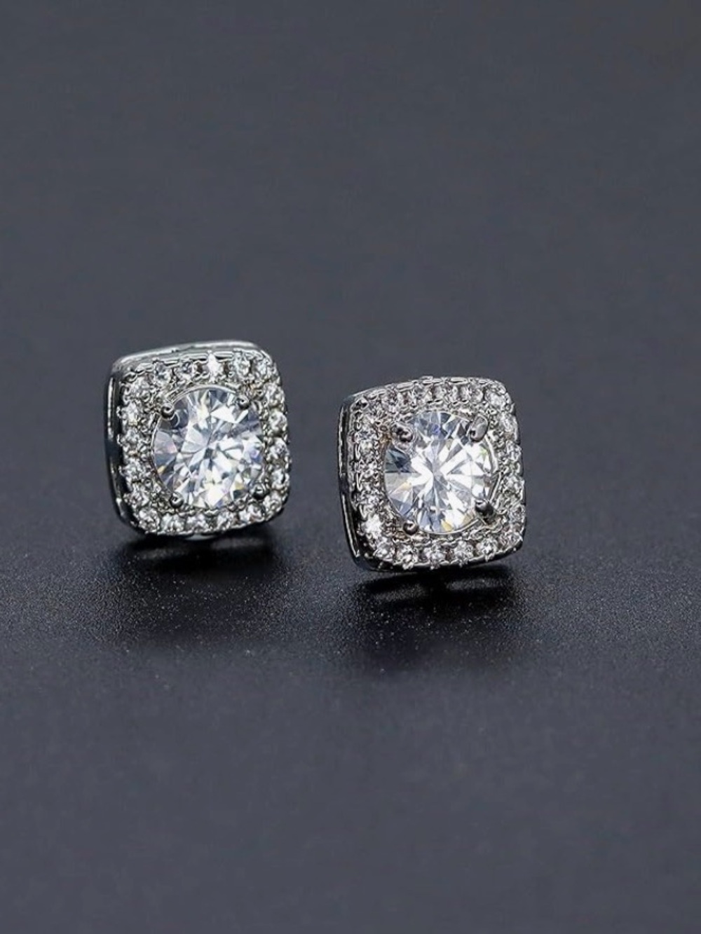 White Gold Plated Cubic Zirconia Cushion Stud Earrings. - Picture 4 of 7